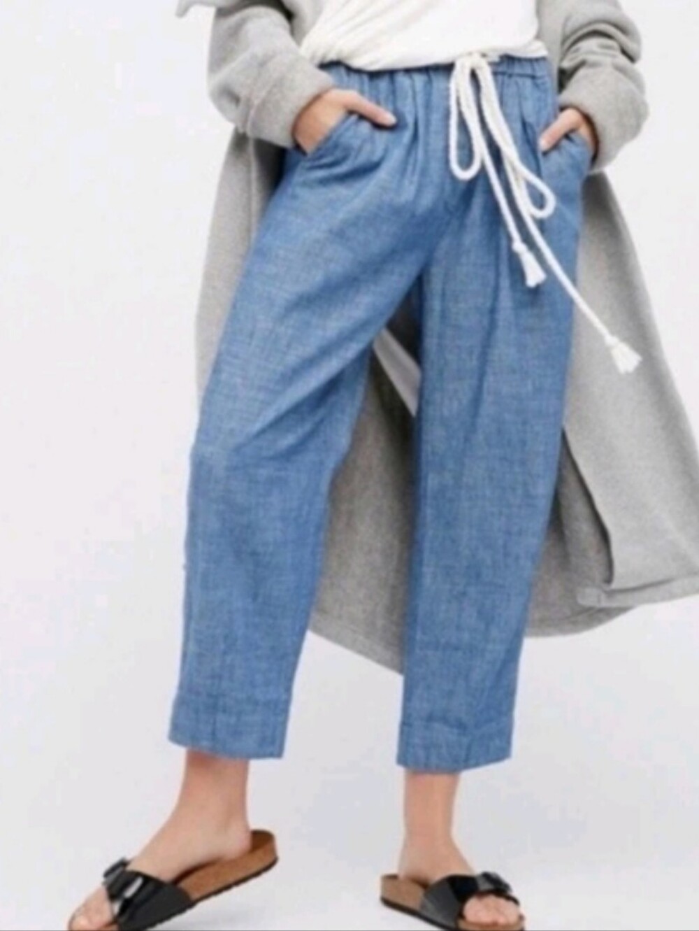 Free People Blue Everyday Chambray Cropped Linen Cotton Pants Size Large
